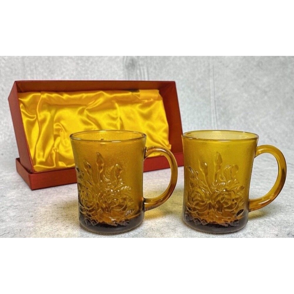 Vintage Amber Glass Mug Set 2 Rose Floral GB1199 Indonesia w Box